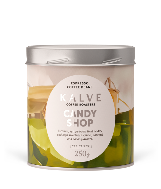 Kalve Candy Shop (Espresso grauzdējums) kafijas pupiņas 250g bundža